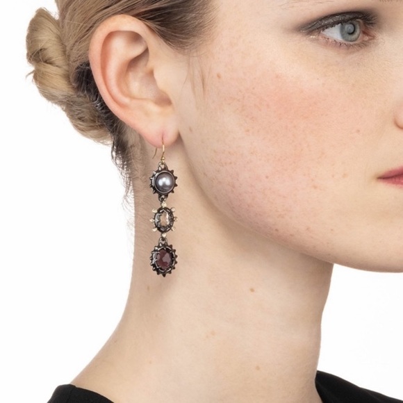 ALEXIS BITTAR • NEW Gold Gunmetal Pearl Stone 3 Stone Drop Spiked Earrings - Picture 5 of 11